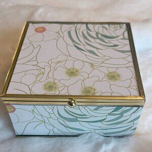 Boho Floral Glass & Brass Jewelry or Trinket Box with Mirror _ NWOT